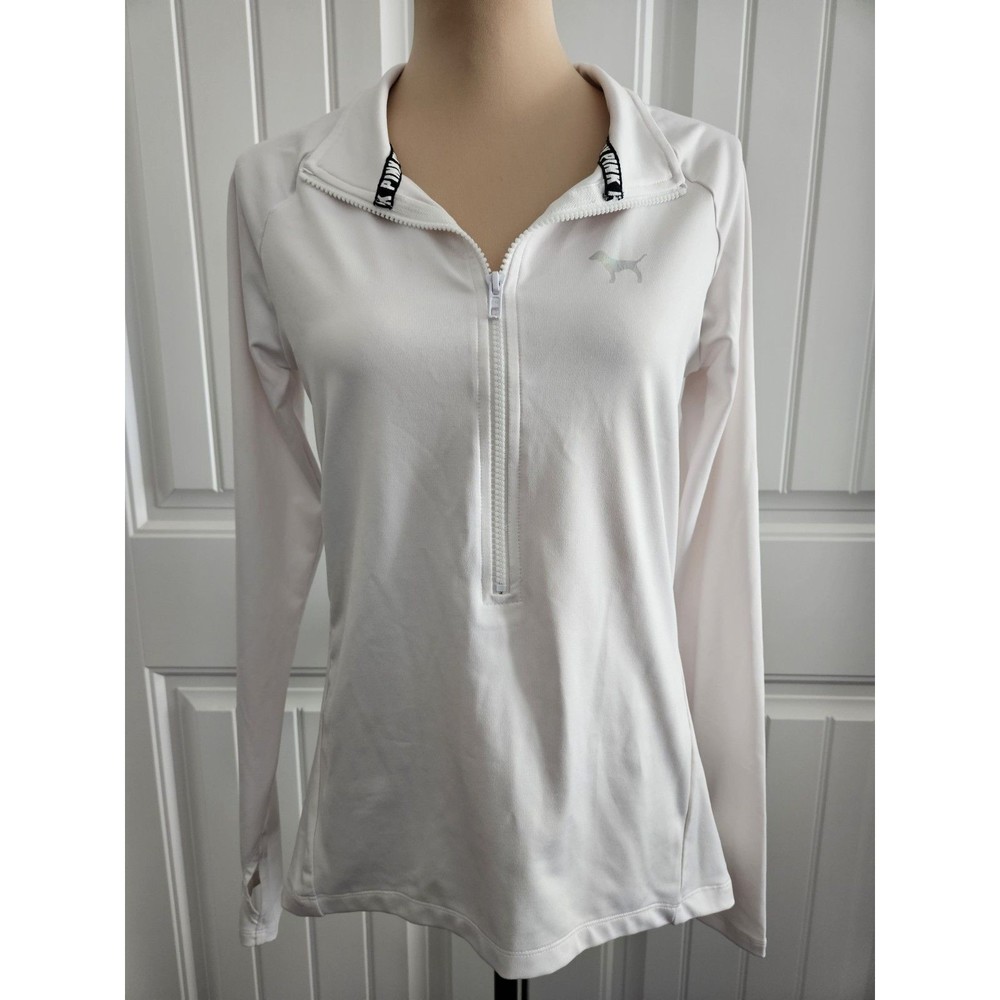 PINK Victoria's Secret White Half-Zip Pullover Top with Logo Trim
